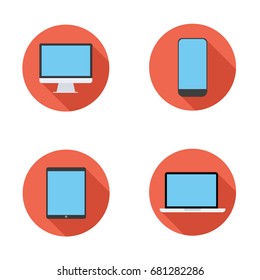 Computer, smartphone, laptop computer, tablet icons in flat design