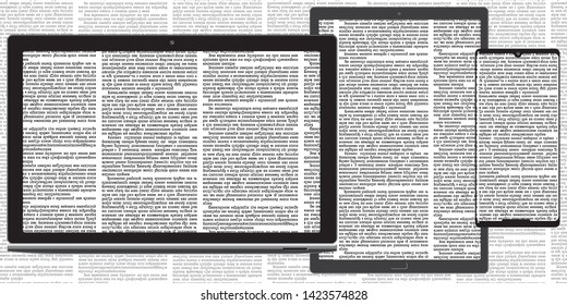 Computer Smartphone, Laptop And Tablet. Text In Newspaper Page Unreadable.