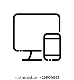 Computer and smartphone line icon. Screen, monitor, electronics, browser, internet, world wide web, data, knowledge. technology concept. Vector black line icon on white background