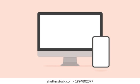 Computer and smartphone mockup with a white blank display for copy space on pink background. Cute and stylish Flat design vector illustration.  Remote work. HD movie, 16:9 ratio. 