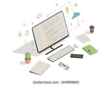 Computer and smartphone with program code. Isometric workspace on white backgound