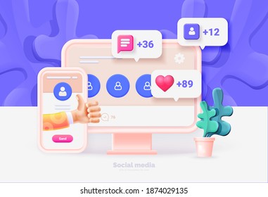 Computer and smartphone with social media user interface. Template for computer and smartphone. Social network user interface with new likes, comments, followers. Vector illustration 3d style.