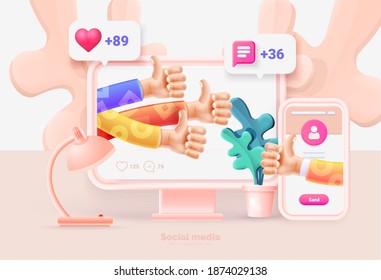 Computer and smartphone with social media user interface. Template for computer and smartphone. Social network user interface with new likes, comments, followers. Vector illustration 3d style.