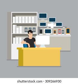 Computer smartphone tablet showcase salesman sale point. Flat style modern professional job related icon man workplace objects. Showcase box phone laptop PC stock. People work collection.