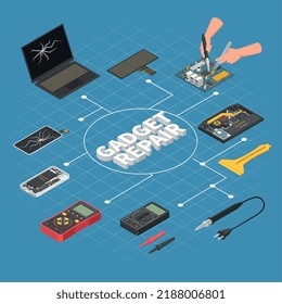 Computer-Smartphone-Test Reparatur isometrischer Flussdiagrammzusammensetzung mit Text und isolierten Symbolen von Werkzeugen und Vektorgrafik-Vektorgrafik-Vektorgrafik