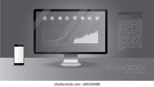 Computer and Smartphone vector with diagram and business icon. Technology and business concept.