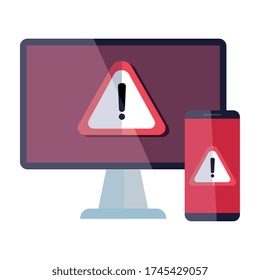 computer and smartphone with warning notification icon vector illustration design