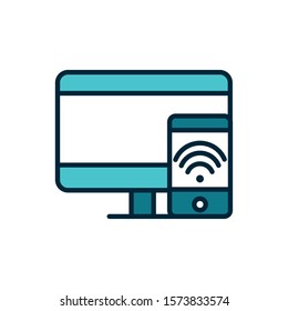 computer and smartphone wifi internet of things line and fill icon vector illustration