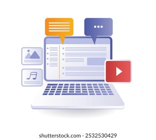 Ilustración isométrica de información de redes sociales de computadora