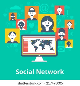 Computer social media network participants avatar icons and symbols composition design infographic chart map poster vector illustration