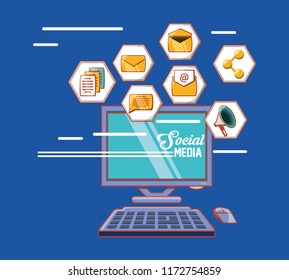computer and social media shape hexagon icons