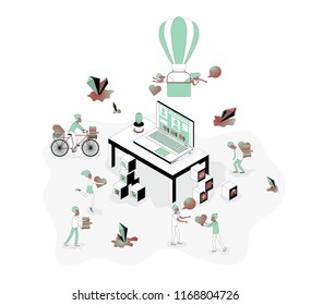 Computer with a social network page. People rate a profile on a social network. Are likes and comment. Isometry, flat style, duaton, for background, web.