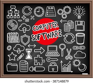 Computer Software Chalkboard set. Doodle icons. Graphic elements: copy, paste, cut, search, save. Cloud computing, diagram, puzzle piece, laptop, light bulb idea, usb memory stick. Vector illustration