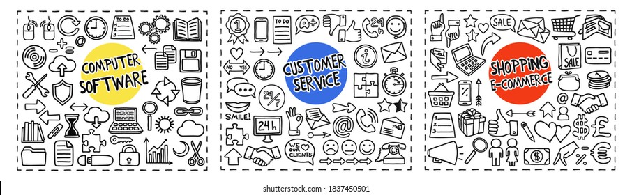 Computer Software, Customer Service and Shopping doodle icons set