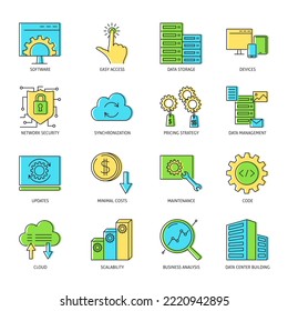 Computer software icon set in colored line style. Vector illustration.