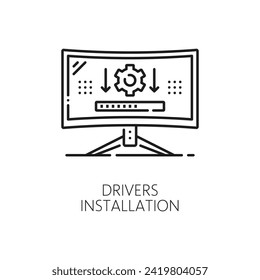 Computer software line icon of driver installation, outline vector. PC or laptop hardware and computer service center, maintenance and support of digital device with drivers update installation