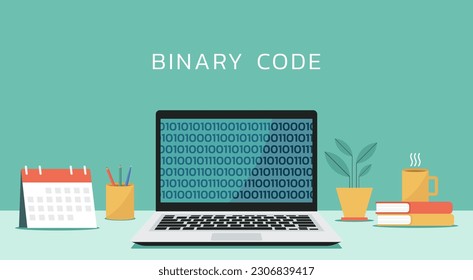 software de computadora con programación de código binario en pantalla portátil de ventana, ilustración vectorial plana