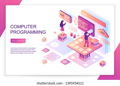 Computer software programming, coding, front end development, modern 3d isometric vector website landing page template. People interacting with virtual screen charts and analyzing statistics.