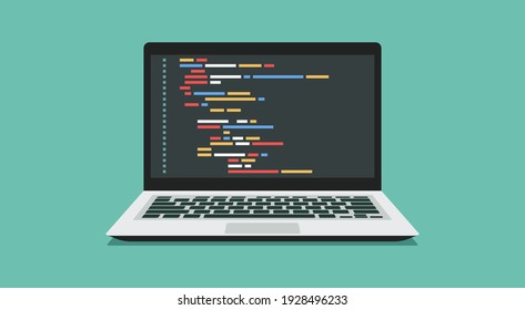 computer software with programming coding text application window on laptop screen, flat vector illustration