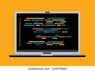 computer software with programming coding text application window on laptop screen, flat vector illustration