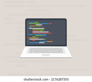 Computer software with programming coding text application window on laptop screen logo design. Big data processing, computing isometric vector design and illustration.