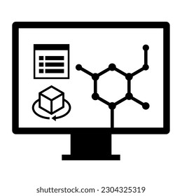 Computer software for scientific research icon, molecule on computer screen