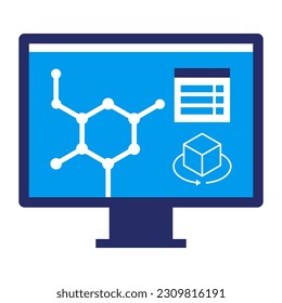 Computer software for scientific research icon, molecule on computer screen