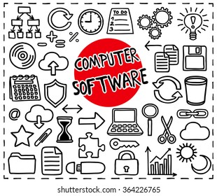 Computer Software set. Freehand doodle icons. Doodle vector illustration