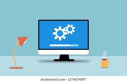 Computadora con el concepto de actualización y desarrollo del sistema de software, diseño plano de ilustración vectorial web. Concepto de actualización de equipo con barra de carga y rueda. 