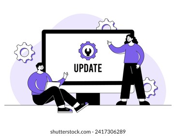 Computer with software update screen flat vector illustration, System maintenance, update process, install software, operating system, PC bug fixing, System or web application upgrade procedure