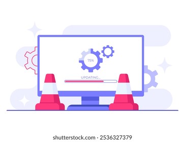 Computadora con Ilustración vectorial plana de pantalla de Actualizar de software, Mantenimiento del sistema, Proceso de Actualizar, instalar software, sistema operativo