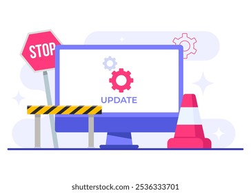 Computadora con Ilustración vectorial plana de pantalla de Actualizar de software, Mantenimiento del sistema, Proceso de Actualizar, instalar software, sistema operativo