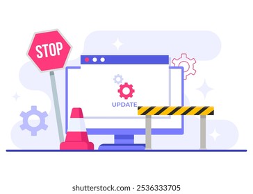 Computadora con Ilustración vectorial plana de pantalla de Actualizar de software, Mantenimiento del sistema, Proceso de Actualizar, instalar software, sistema operativo