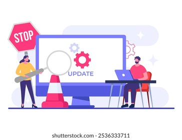 Computadora con Ilustración vectorial plana de pantalla de Actualizar de software, Mantenimiento del sistema, Proceso de Actualizar, instalar software, sistema operativo