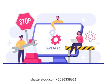Computadora con Ilustración vectorial plana de pantalla de Actualizar de software, Mantenimiento del sistema, Proceso de Actualizar, instalar software, sistema operativo