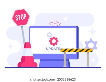 Computadora con Ilustración vectorial plana de pantalla de Actualizar de software, Mantenimiento del sistema, Proceso de Actualizar, instalar software, sistema operativo