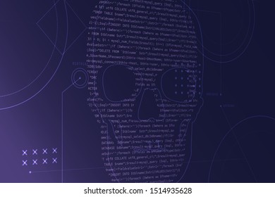 Computer source code on a screen with a skull shape of a virus or malware or hacker attack.