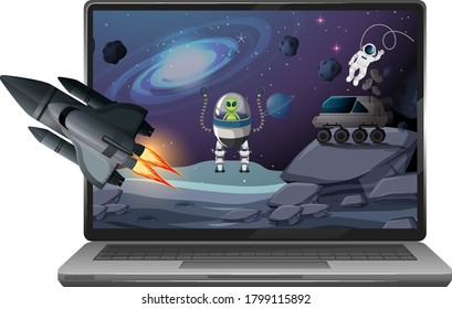 Computer with space scene illustration