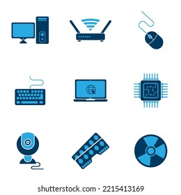 computer spare parts icon vector set. contains RAM, CPU, Monitor, mouse, keyboard and more