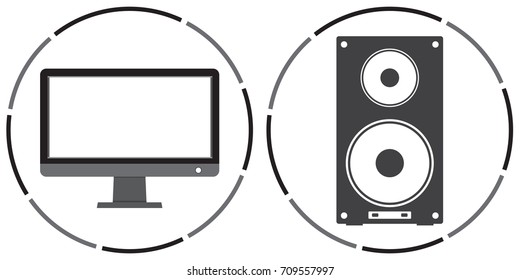 computer and speaker icon set. Circle line on around. isolated on white background.