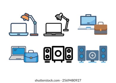 Computer Speaker, PC, Home Theater, pen drive, hard disk, laptop, pc monitor, Remote Control, cooling fan Vector Icon Illustration, Modern Electronics Design.