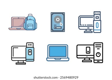 Computer Speaker, PC, Home Theater, pen drive, hard disk, laptop, pc monitor, Remote Control, cooling fan Vector Icon Illustration, Modern Electronics Design.