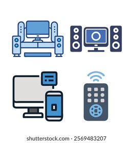 Computer Speaker, PC, Home Theater, pen drive, hard disk, laptop, pc monitor, Remote Control, cooling fan Vector Icon Illustration, Modern Electronics Design.