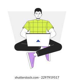 Computer specialist working on laptop flat line vector spot illustration. Young man sitting with notebook 2D cartoon outline character on white for web UI design. Editable isolated colorful hero image