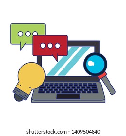 computer with speech bubble and light bulb icon cartoon vector illustration graphic design