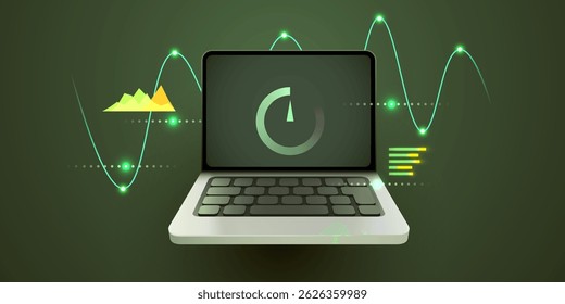 Análisis de la velocidad de la computadora. Portátil con infografías. Ilustración vectorial