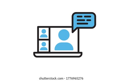 Computadora parada con una transmisión en vivo en un canal de transmisión con un símbolo de una persona que tiene una videollamada o una reunión de conferencia en línea. Icono de vector lineal.
