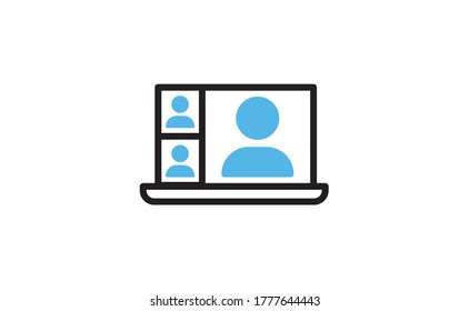 Computer standing with a live broadcast on a streaming channel with a symbol of a person having a video call or online conference meeting. Linear vector icon.
