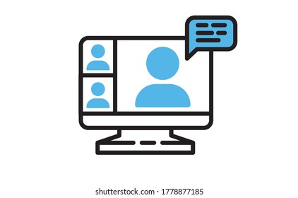 Computer standing with a live broadcast on a streaming channel with a symbol of a person having a video call or online conference meeting. Linear vector icon.
