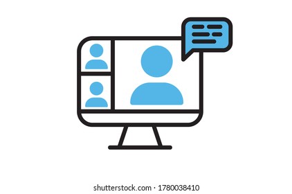 Computer standing with a live broadcast on a streaming channel with a symbol of a person having a video call or online conference meeting. Linear vector icon.
